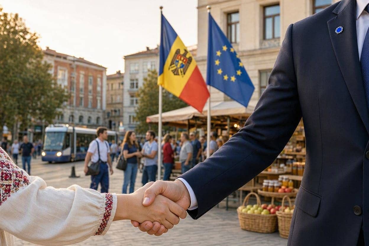 Strângere de mână între o femeie în ie și un bărbat în costum, cu drapelele Republicii Moldova și al Uniunii Europene în fundal