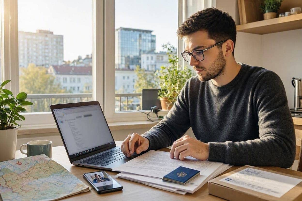 Bărbat lucrând la laptop lângă fereastră, cu acte, pașaport și o hartă pe masă
