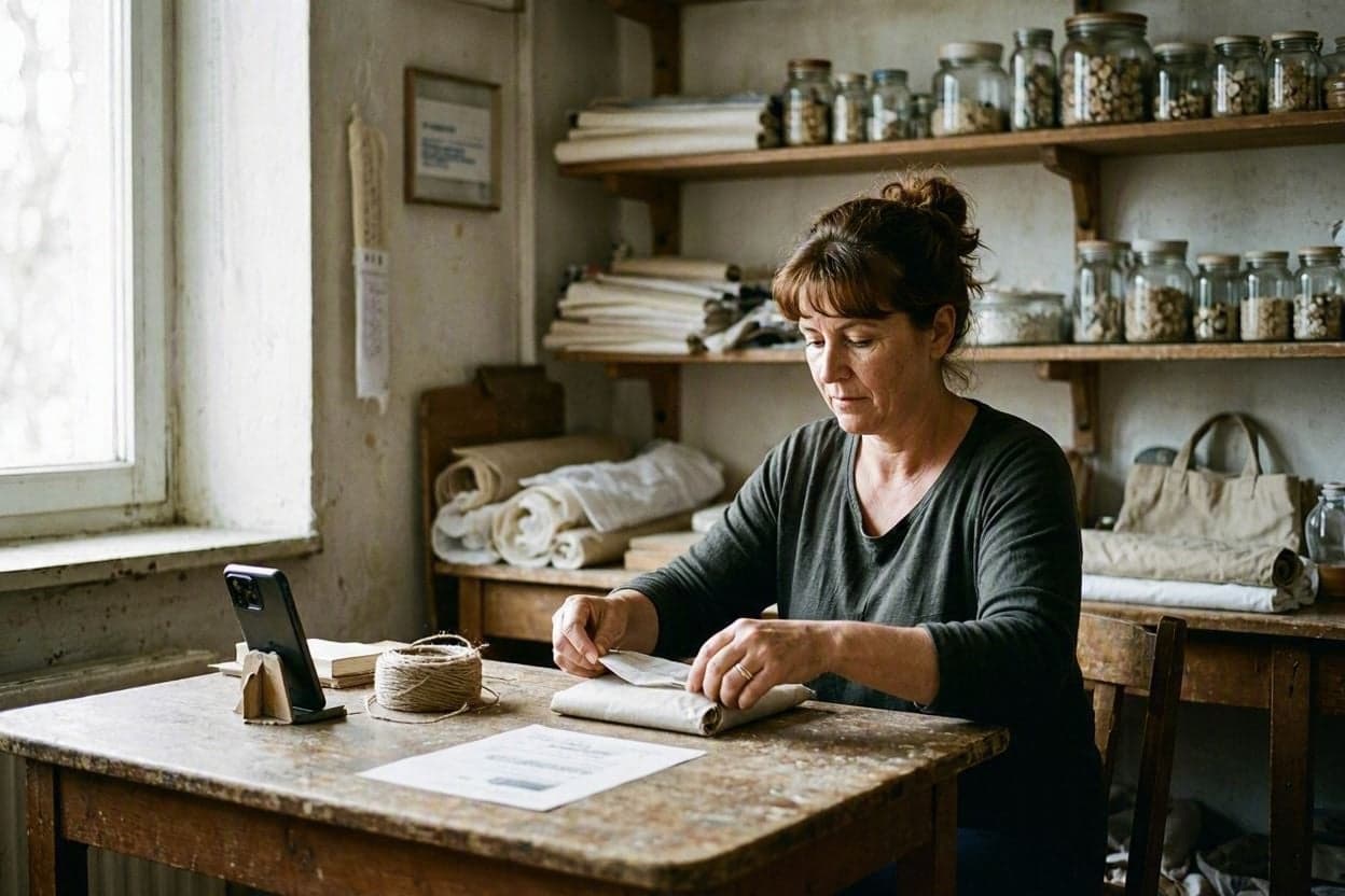 Femeie la o masă de lemn într-un atelier mic, împachetând o comandă în pânză, cu un telefon sprijinit alături, un ghem de sfoară și rafturi cu borcane și suluri de țesătură în spate