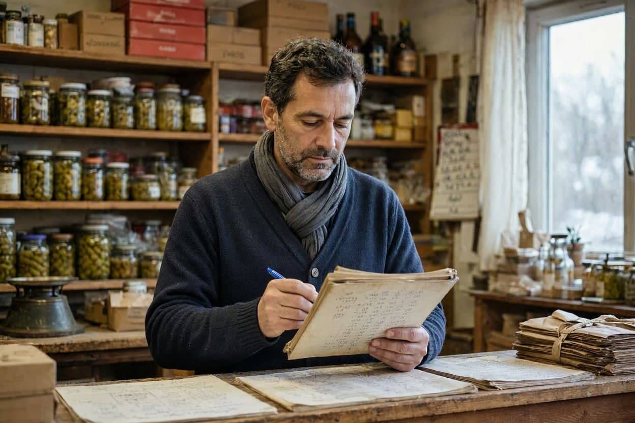 Bărbat în pulover și fular, în spatele tejghelei unui magazin mic, scriind cu pixul într-un registru de hârtie plin de cifre, cu rafturi de borcane în spate și un cântar de alamă pe tejghea
