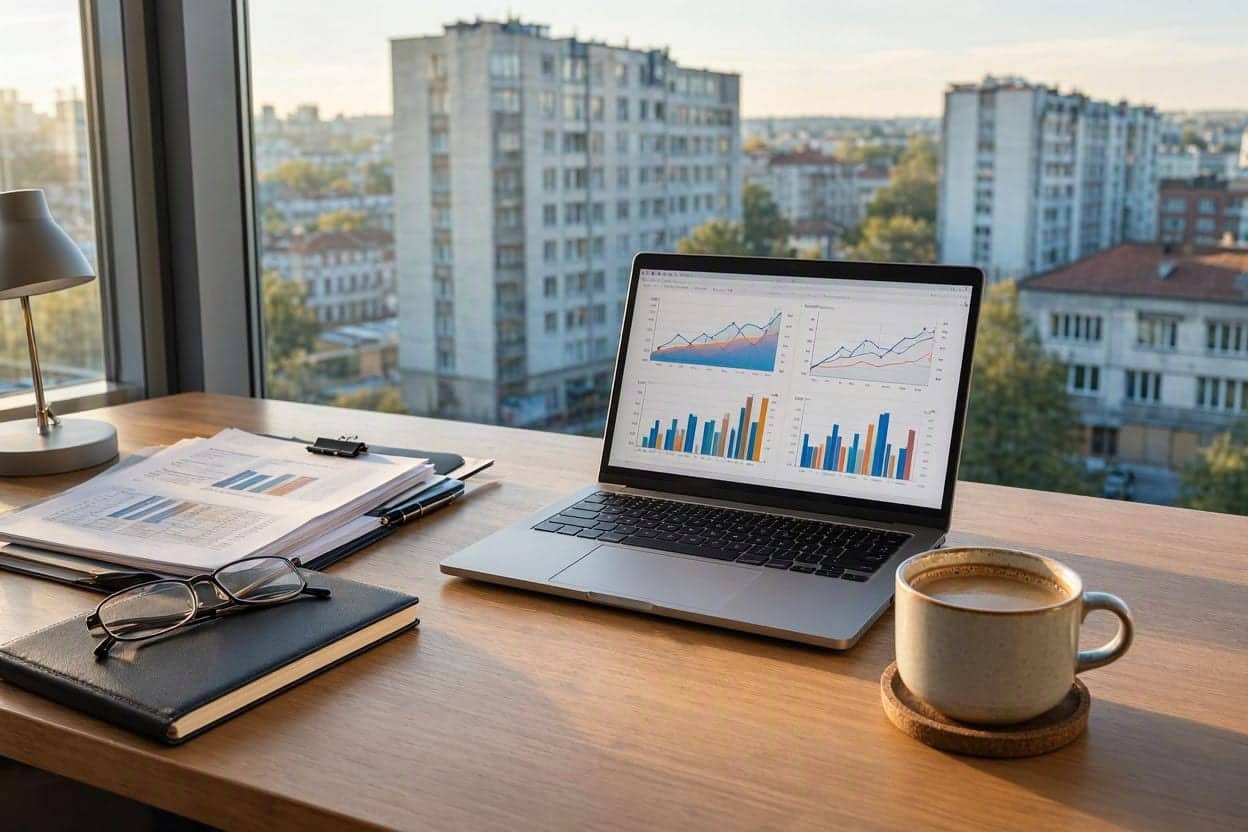 Birou de lemn lângă o fereastră mare, cu un laptop care arată grafice cu linii și bare, dosare cu tabele, ochelari pe o agendă și o cană de cafea, iar dincolo de geam blocuri de locuințe în lumina dimineții