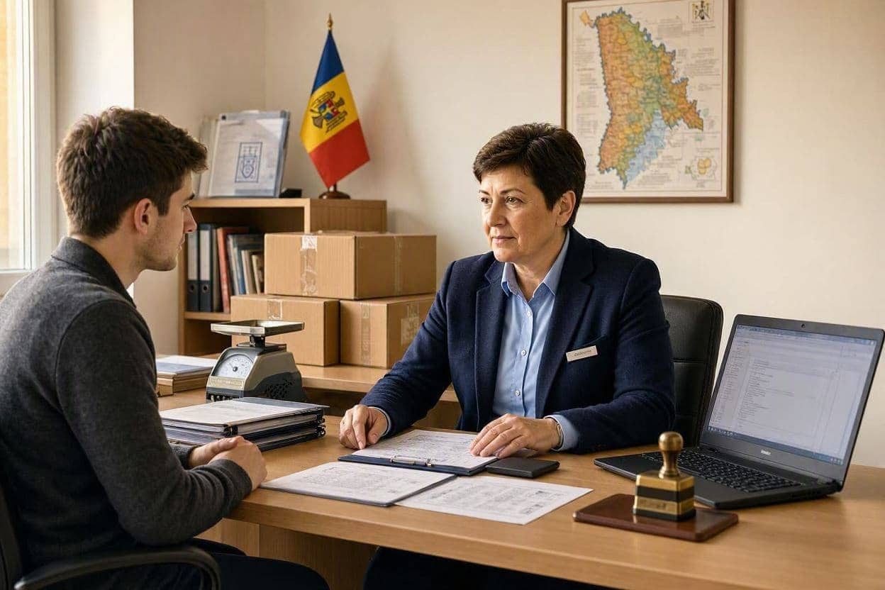 Doi oameni la un birou cu documente, ștampilă, cântar și colete, cu harta Republicii Moldova pe perete