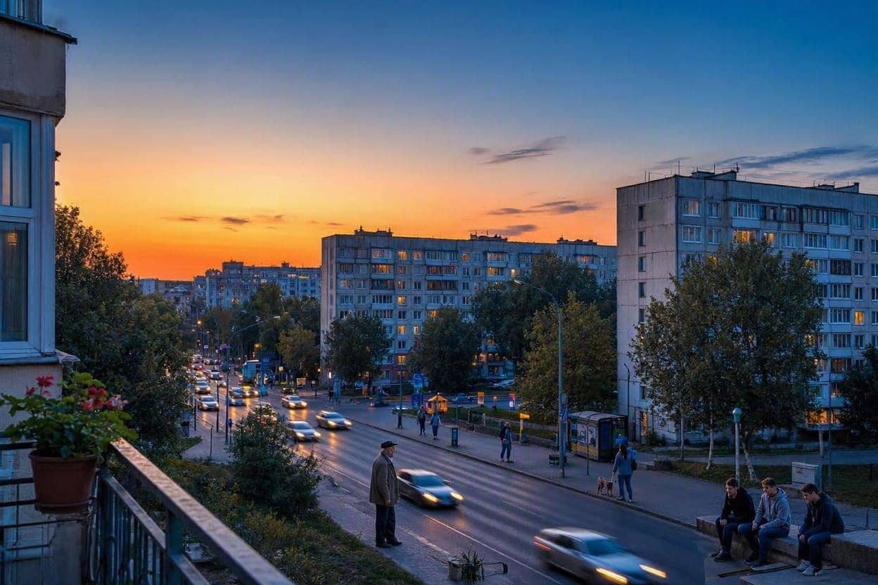 Bulevard din Chișinău la asfințit, văzut de pe un balcon, cu blocuri de locuințe și mașini în mișcare