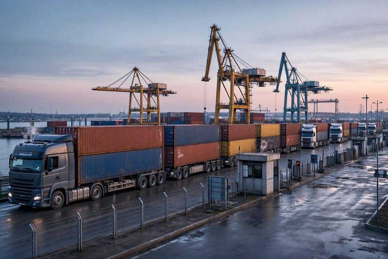 Coloană de camioane încărcate cu containere colorate la intrarea într-un terminal portuar, lângă o gheretă de control, cu macarale de port în spate, în lumina zorilor
