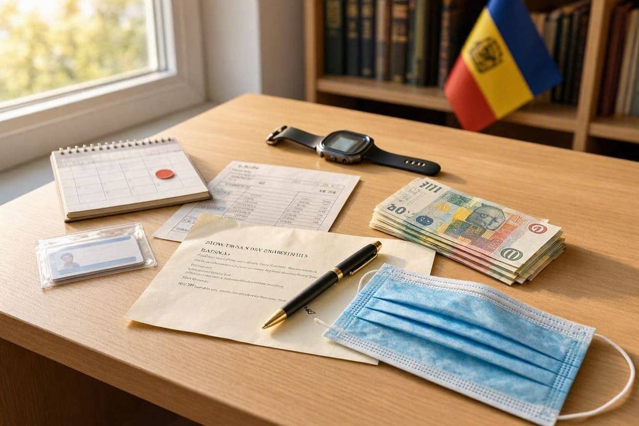 Masă cu un calendar, un certificat, bancnote, o mască medicală și un act de identitate