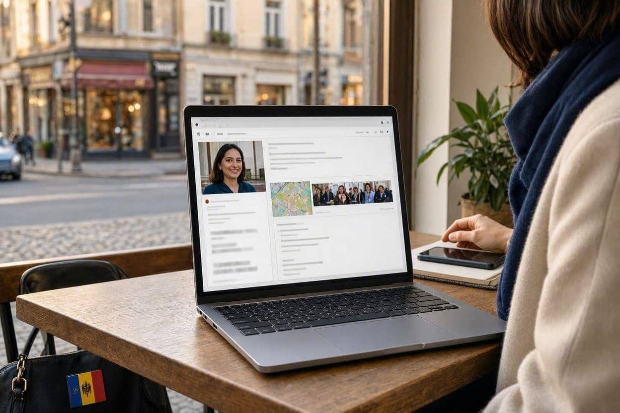 Femeie privind pe laptop fișa de prezentare a unei afaceri, cu hartă și fotografii pe ecran