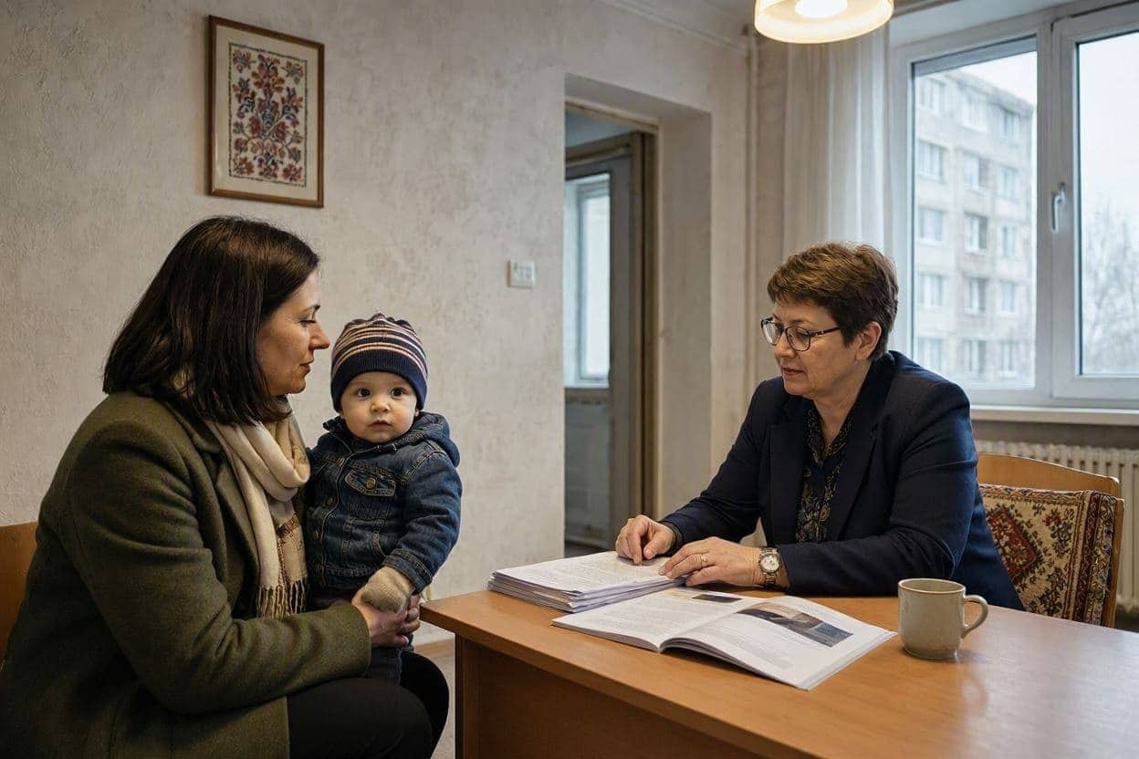 Mamă cu un copil mic în brațe, discutând cu o funcționară peste un birou cu documente