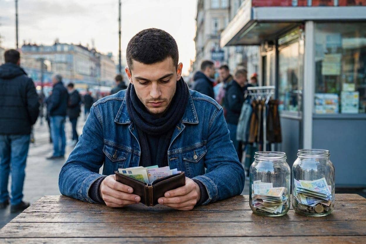 Bărbat care numără bancnote dintr-un portofel, la o masă în stradă, lângă două borcane cu bani puși deoparte