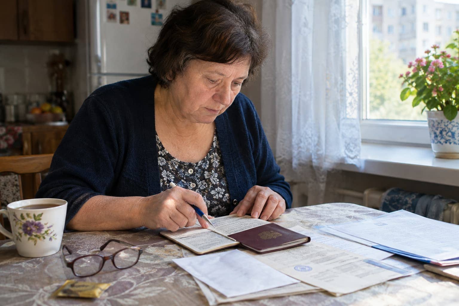 Femeie în vârstă la masa din bucătărie, urmărind cu pixul un rând dintr-un carnet de muncă, cu acte și ochelari alături