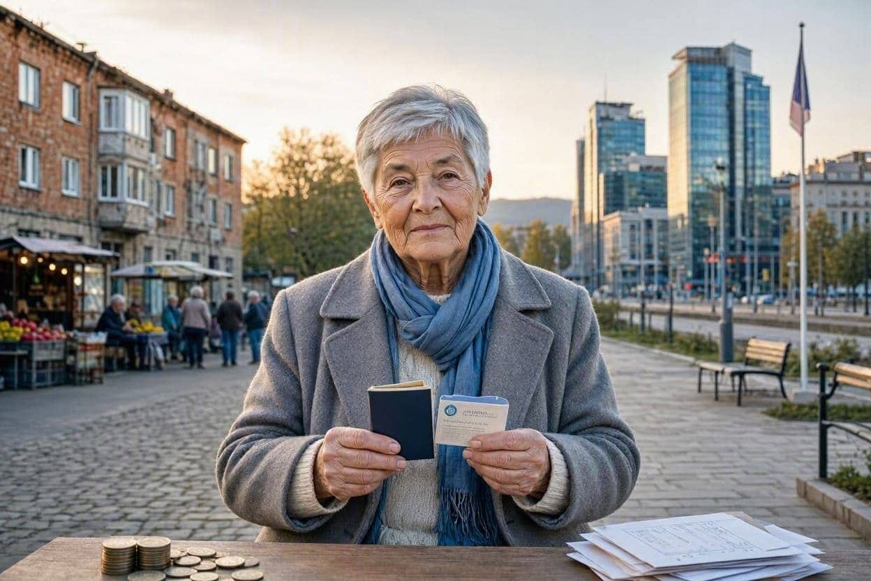 Femeie în vârstă ținând un carnet și un document, cu monede și hârtii pe masă, pe o stradă din oraș