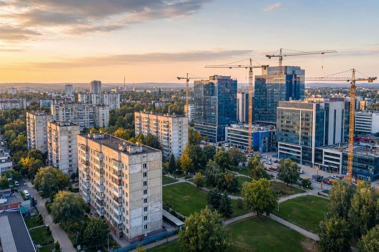 Oraș văzut de sus la apus, cu blocuri vechi de locuințe în stânga și clădiri noi de birouri din sticlă, înconjurate de macarale, în dreapta, despărțite de un parc
