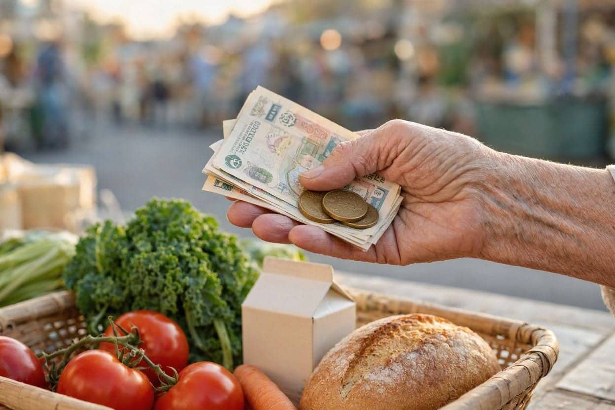 Mâna ridată a unei persoane în vârstă ținând câteva bancnote și trei monede deasupra unui coș de nuiele cu pâine, roșii, morcovi, verdeață și o cutie de lapte, la o piață
