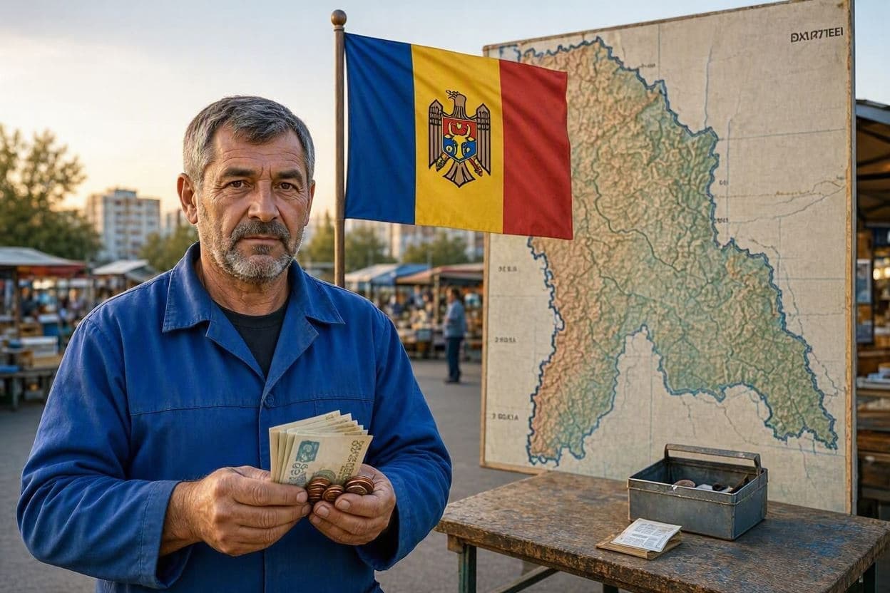 Muncitor în salopetă ținând bancnote și monede, cu drapelul Republicii Moldova în fundal