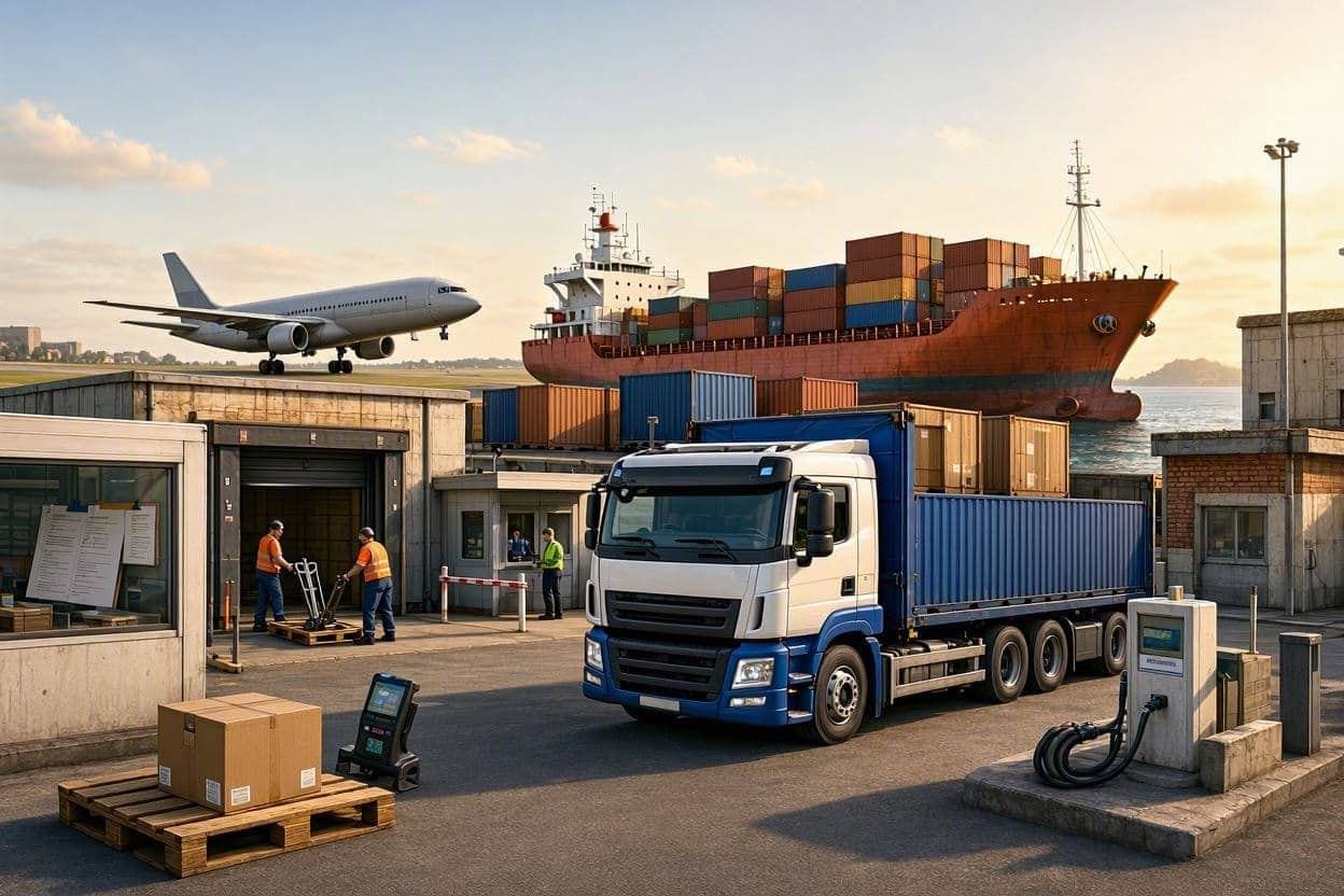 Camion cu container într-un terminal de marfă, cu o navă portcontainer și un avion în fundal