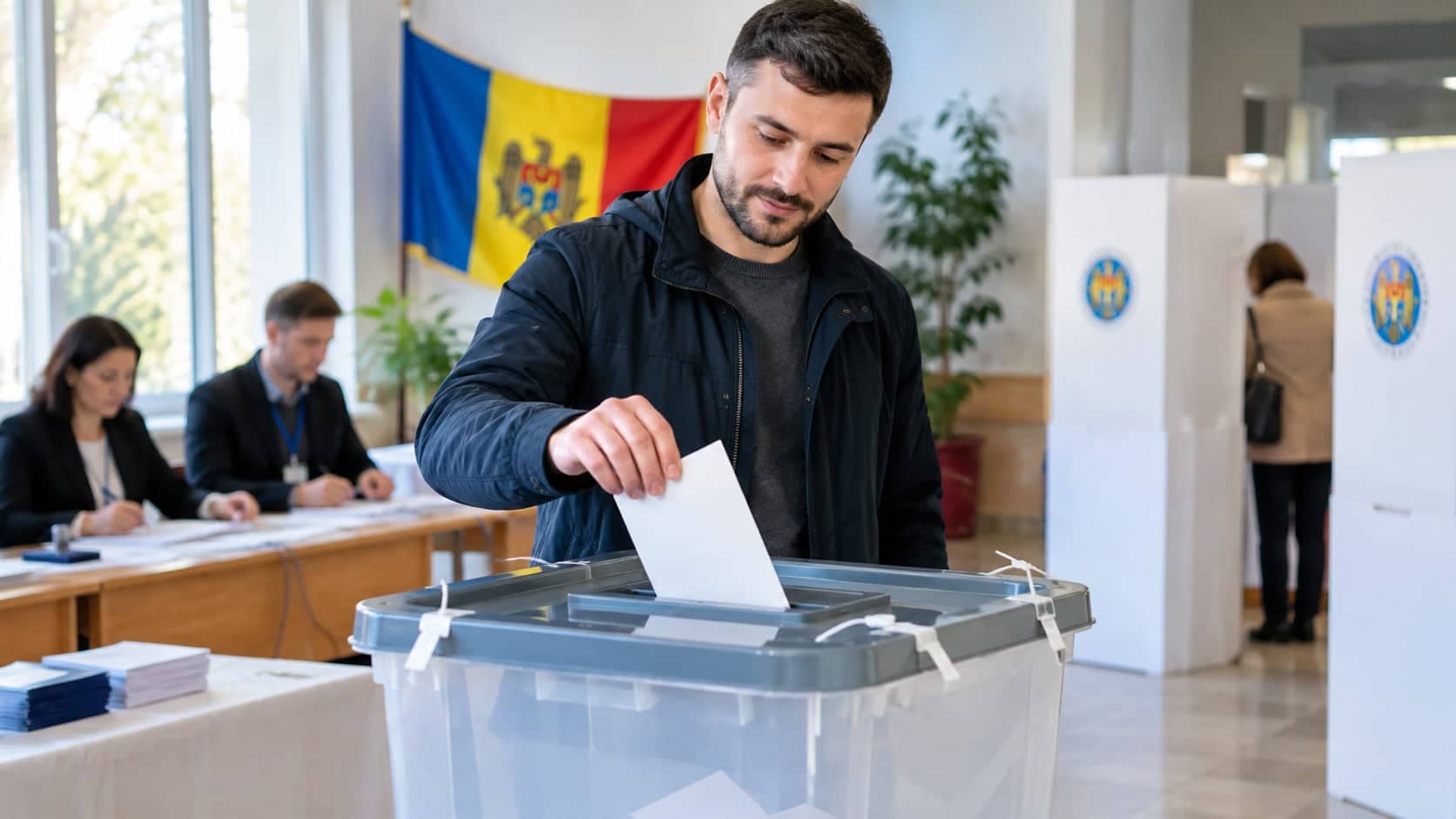 Bărbat care introduce buletinul de vot într-o urnă transparentă, într-o secție de votare din Republica Moldova