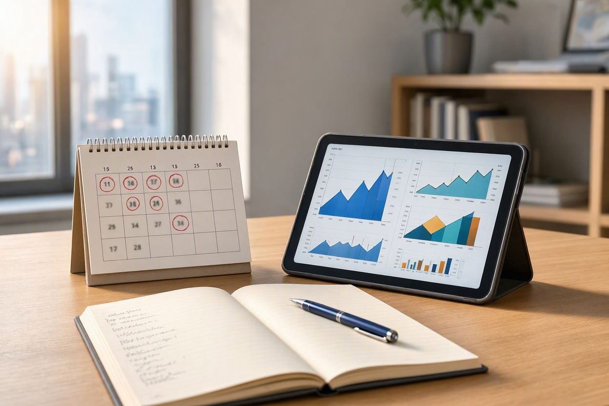 Calendar de birou cu mai multe zile încercuite cu roșu, lângă o tabletă care arată grafice economice și un caiet deschis cu un pix albastru, pe o masă de lemn